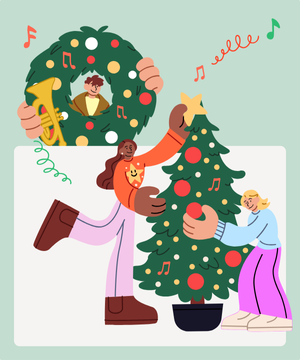illustration avec bonhommes décorant un sapin