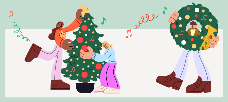 illustration avec bonhommes décorant un sapin