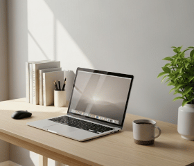 bureau tranquille avec un portable  ouvert et un café