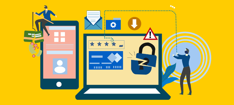 illustration avec personnages attaquant un portable et un cellulaire