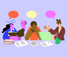 Personnages échangeant des idées