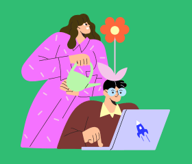 Illustration personnages avec arrosoir et fleur