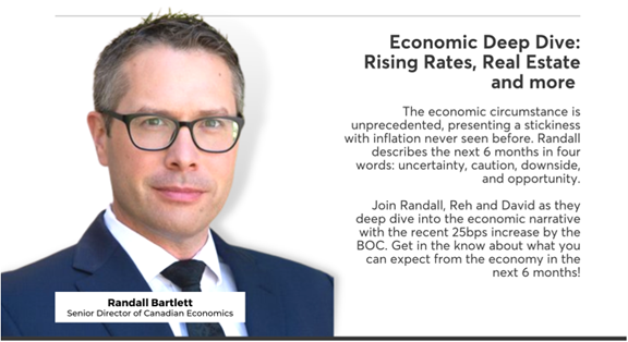 Randall Bartlett. Senior Director of Canadian Economics. Economic Deep Dive: Rising Rates, Real Estate and more. The economic circumstance is unprecedented, presenting a stickiness with infaltion never seen before. Randall describes the next 6 months in four words: Uncertainty, caution, downside and opportunity. Join Randall, Reh and David as they deep dive into the economic narrative with the recent 25bps increase by the BOC. Get in the know about what you can expect from the economy in the next 6 month.