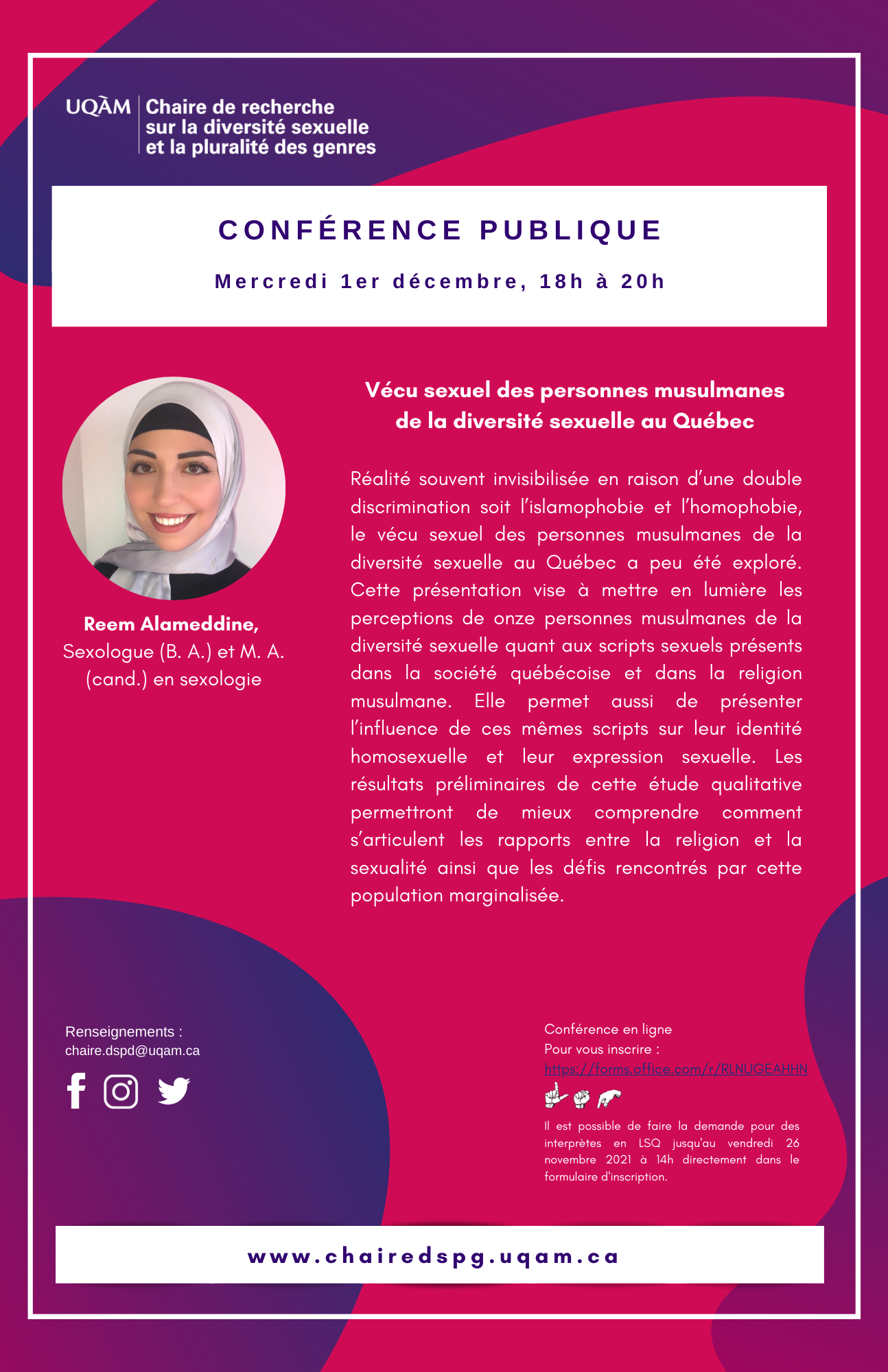 Affiche de la conférence sur le vécu des personnes musulmanes de la diversité sexuelle au Québec